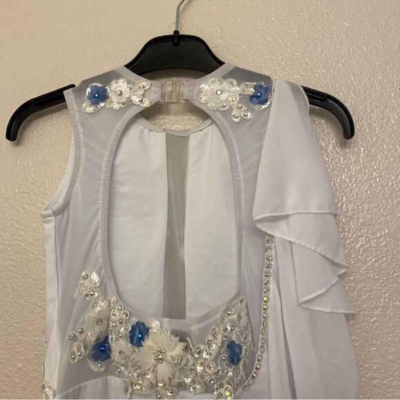 Glamour dance costume leotard white blue embellished rhinestone lace child XLC - Picture 4 of 13
